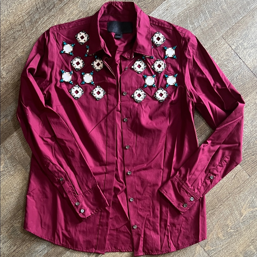 J. Crew Collection Women's Burgundy Embellished Blouse Excellent Condition